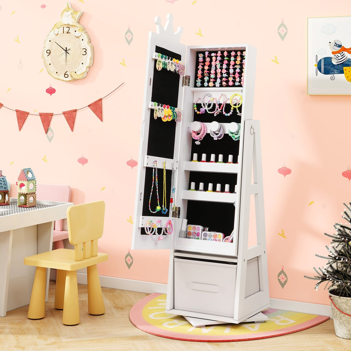 Kids Jewelry Armoire Cabinet with Large Storage Capacity and Swivel Base-White-Kids Vanities-DECOROLALA