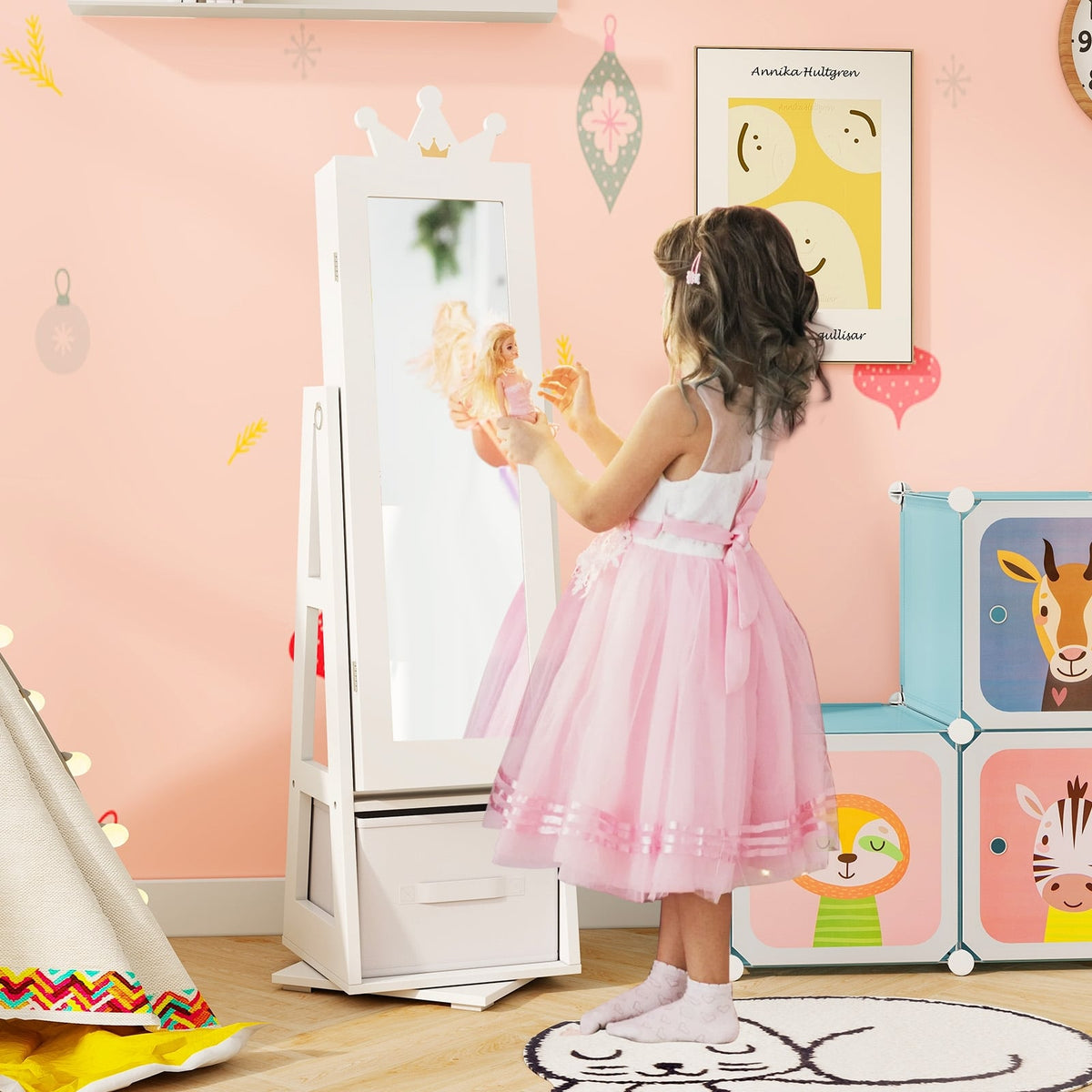 Kids Jewelry Armoire Cabinet with Large Storage Capacity and Swivel Base-White-Kids Vanities-DECOROLALA