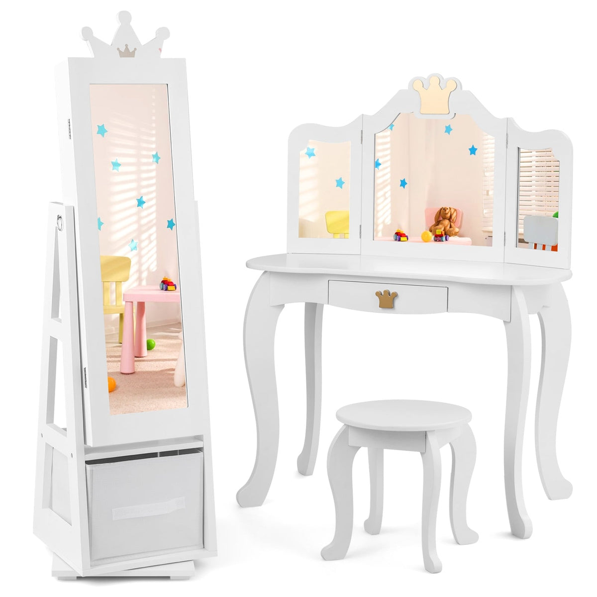 Kids Jewelry Armoire Cabinet with Large Storage Capacity and Swivel Base-White-Kids Vanities-DECOROLALA