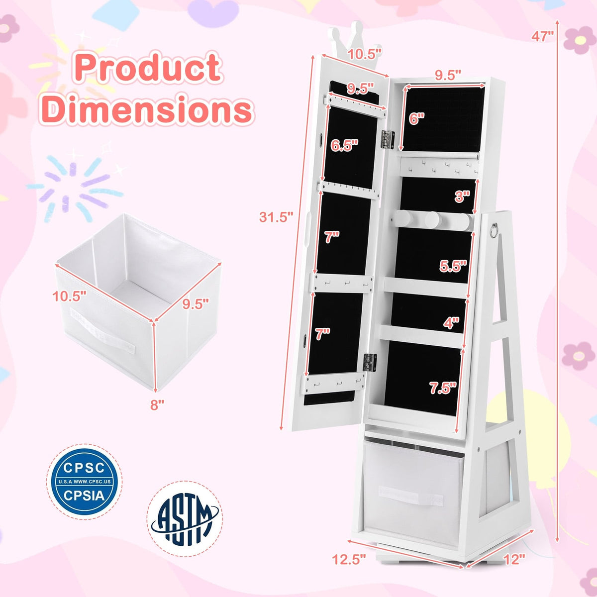 Kids Jewelry Armoire Cabinet with Large Storage Capacity and Swivel Base-White-Kids Vanities-DECOROLALA