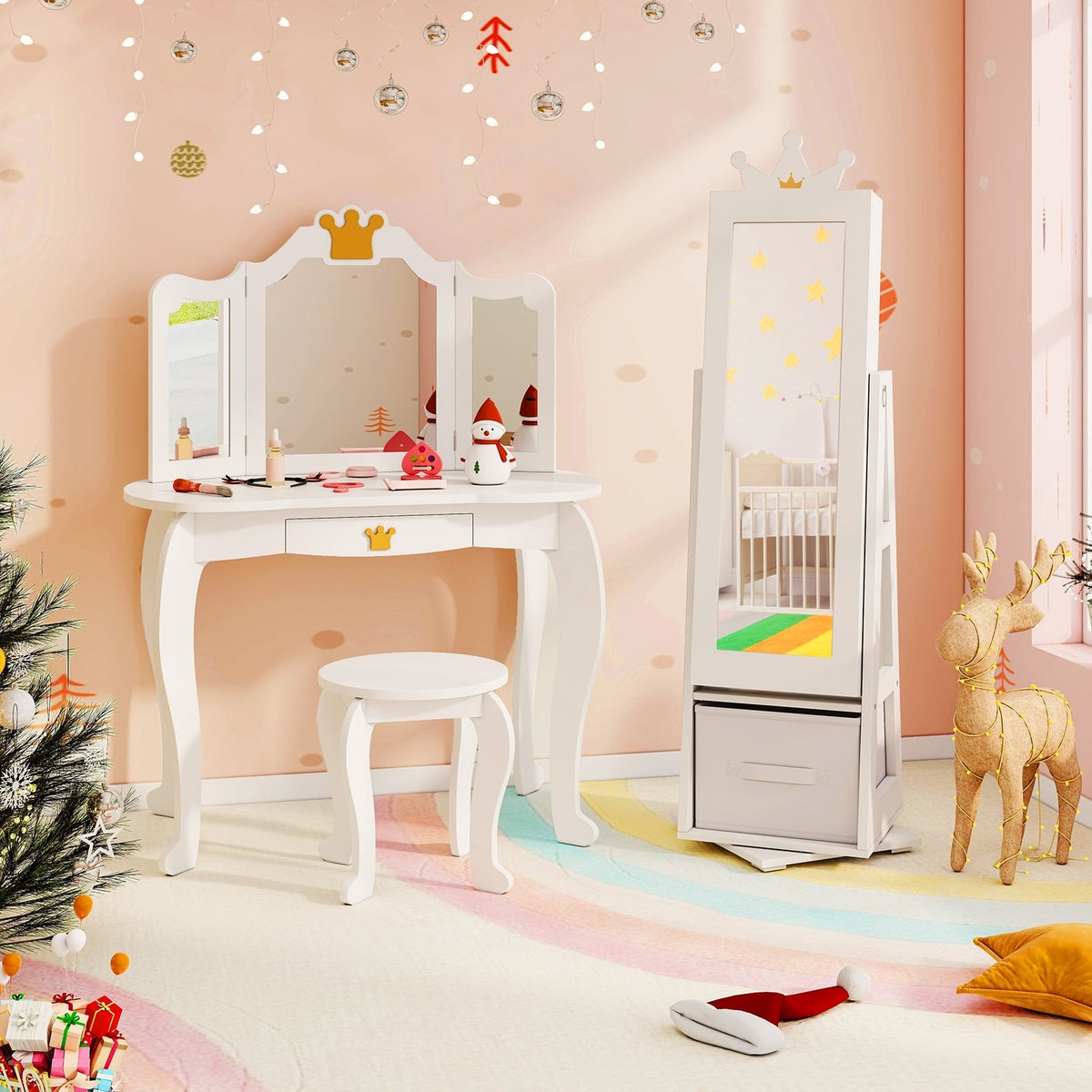 Kids Jewelry Armoire Cabinet with Large Storage Capacity and Swivel Base-White-Kids Vanities-DECOROLALA