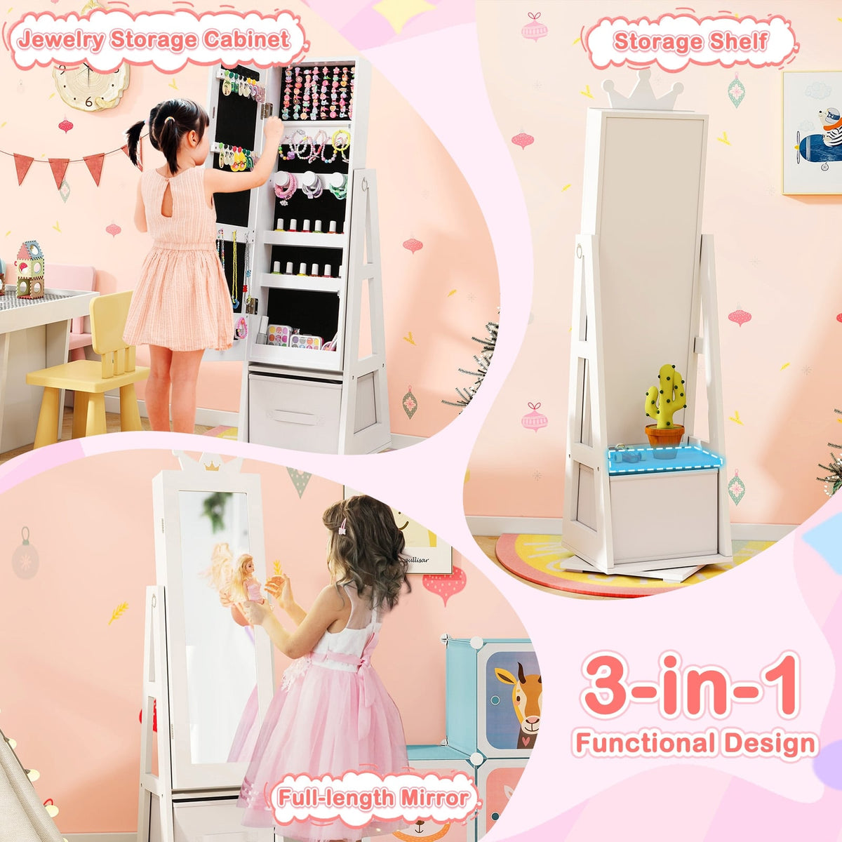 Kids Jewelry Armoire Cabinet with Large Storage Capacity and Swivel Base-White-Kids Vanities-DECOROLALA