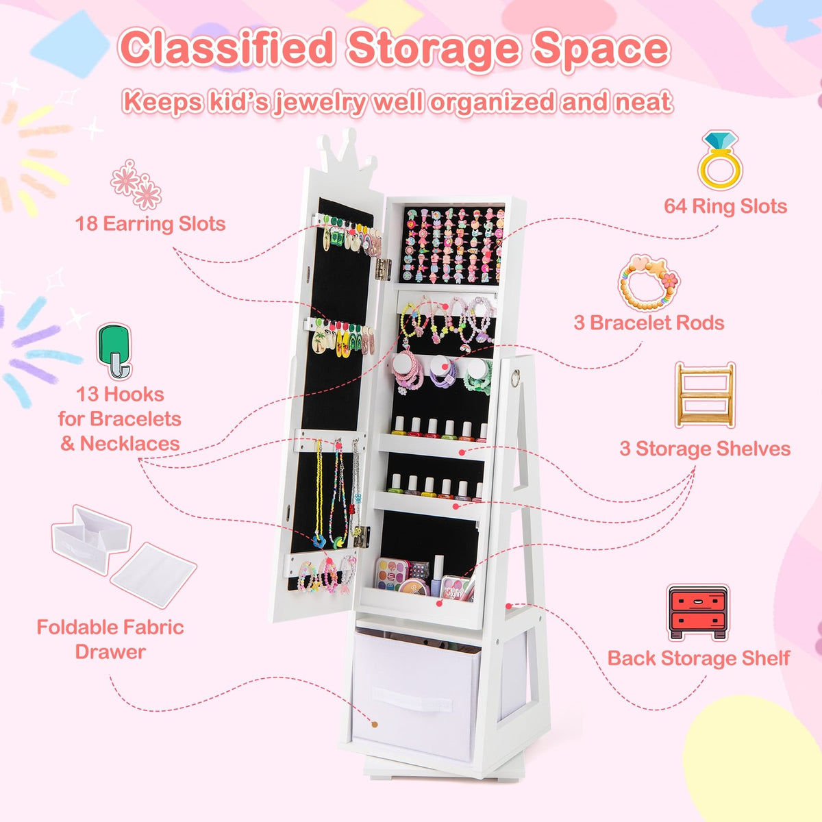 Kids Jewelry Armoire Cabinet with Large Storage Capacity and Swivel Base-White-Kids Vanities-DECOROLALA