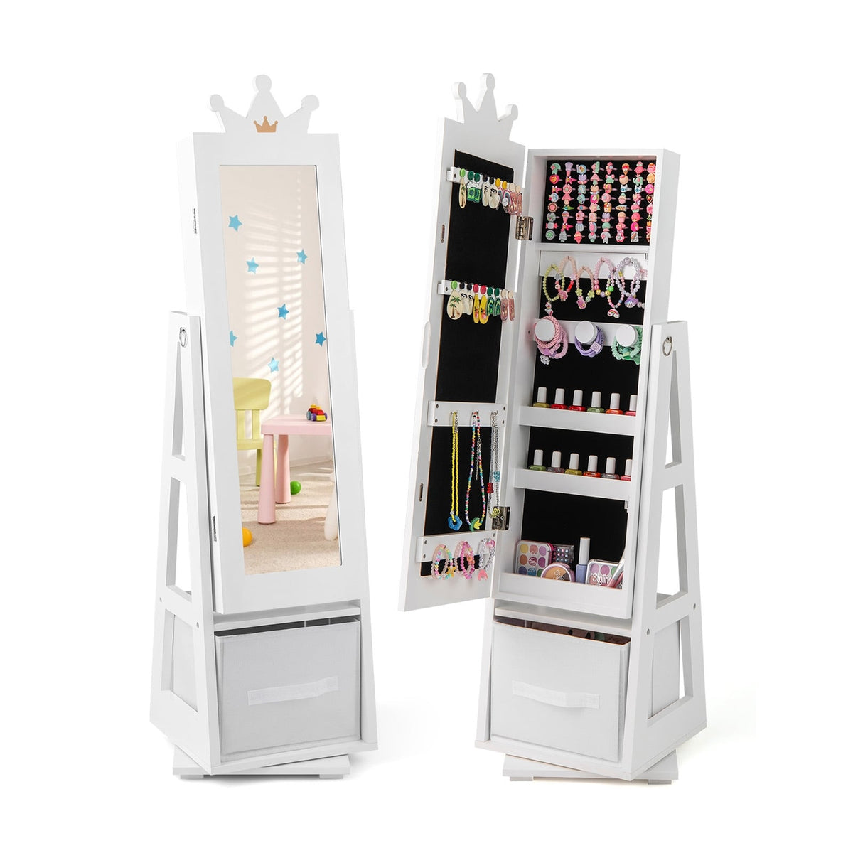 Kids Jewelry Armoire Cabinet with Large Storage Capacity and Swivel Base-White-Kids Vanities-DECOROLALA