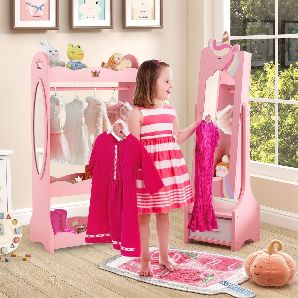 Kids Jewelry Armoire Cabinet with Storage and 2 Tilt Angles-Pink-Kids Makeup Vanities-DECOROLALA