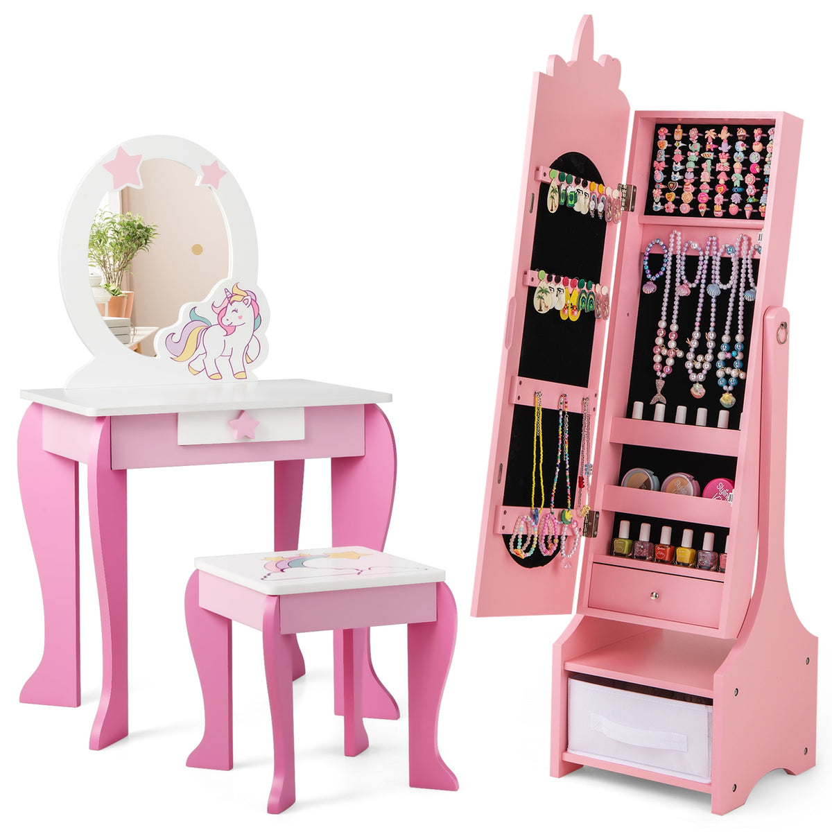 Kids Jewelry Armoire Cabinet with Storage and 2 Tilt Angles-Pink-Kids Makeup Vanities-DECOROLALA