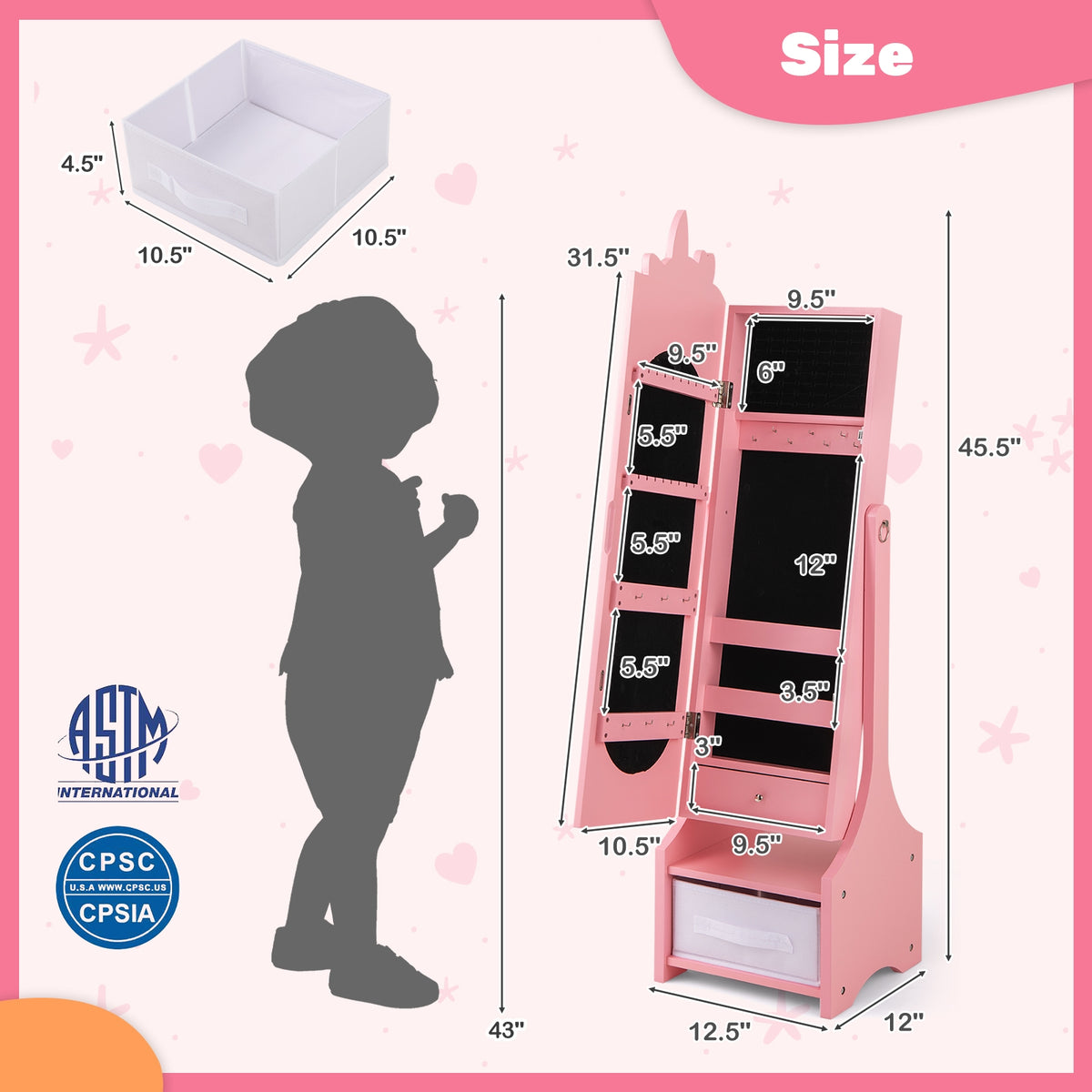 Kids Jewelry Armoire Cabinet with Storage and 2 Tilt Angles-Pink-Kids Makeup Vanities-DECOROLALA