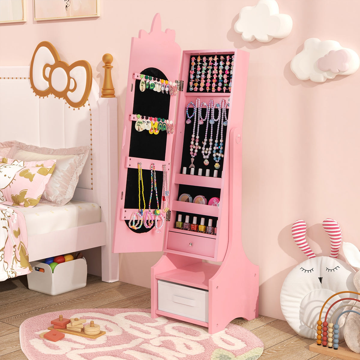 Kids Jewelry Armoire Cabinet with Storage and 2 Tilt Angles-Pink-Kids Makeup Vanities-DECOROLALA