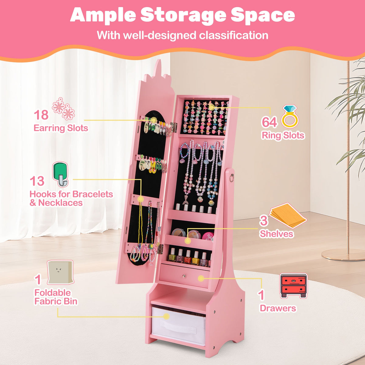 Kids Jewelry Armoire Cabinet with Storage and 2 Tilt Angles-Pink-Kids Makeup Vanities-DECOROLALA