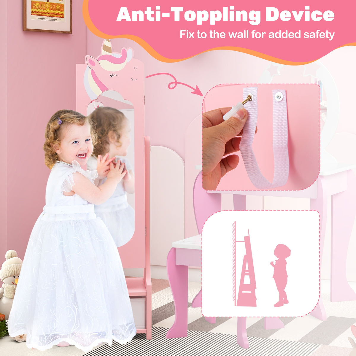 Kids Jewelry Armoire Cabinet with Storage and 2 Tilt Angles-Pink-Kids Makeup Vanities-DECOROLALA