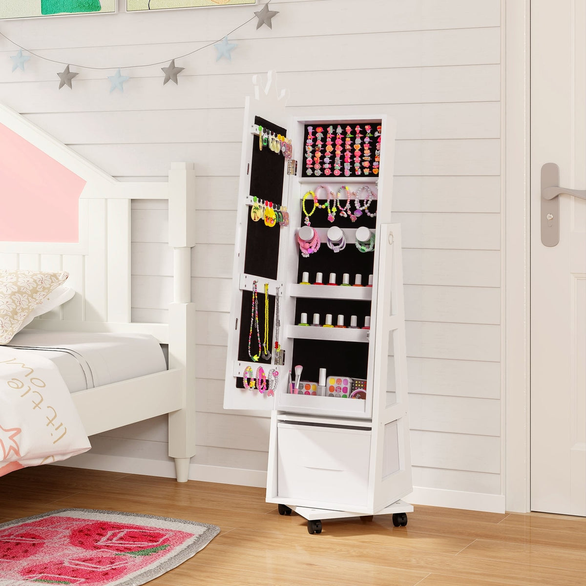Kids Jewelry Armoire Cabinet with Swivel Base and Lockable Universal Wheels-White-Kids Vanities-DECOROLALA