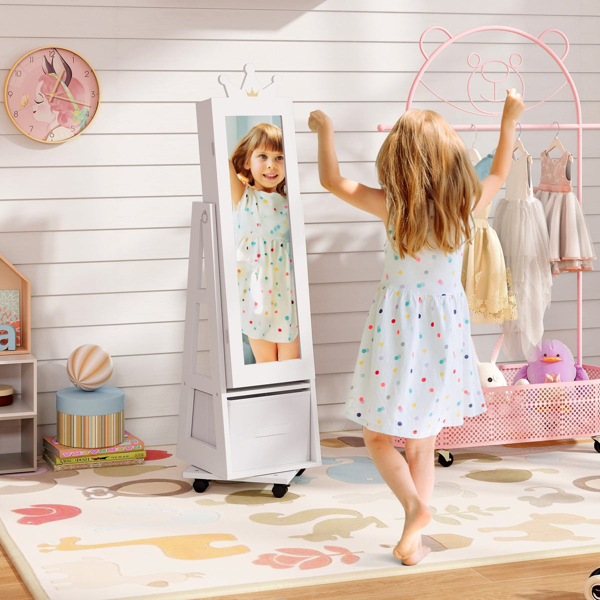 Kids Jewelry Armoire Cabinet with Swivel Base and Lockable Universal Wheels-White-Kids Vanities-DECOROLALA