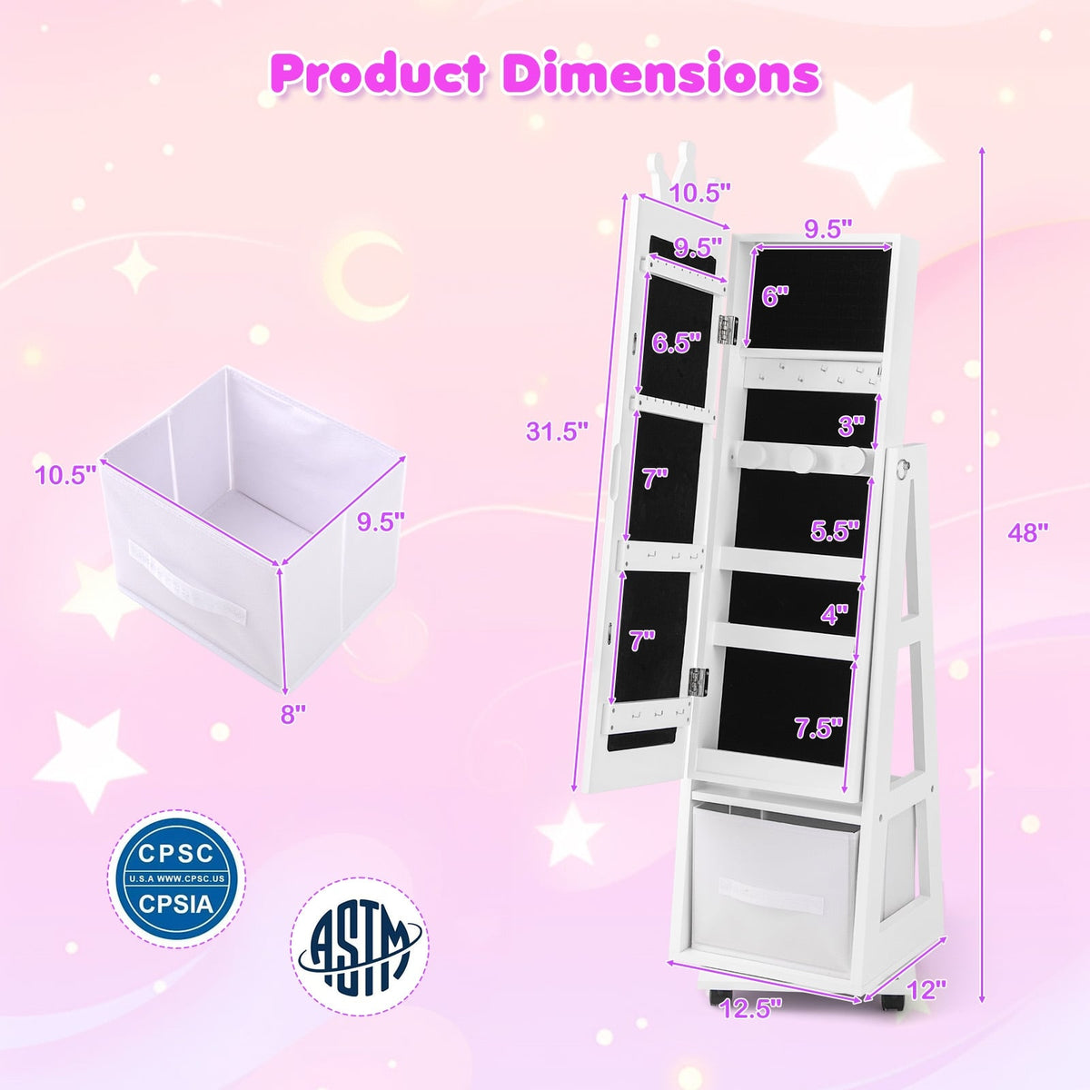 Kids Jewelry Armoire Cabinet with Swivel Base and Lockable Universal Wheels-White-Kids Vanities-DECOROLALA