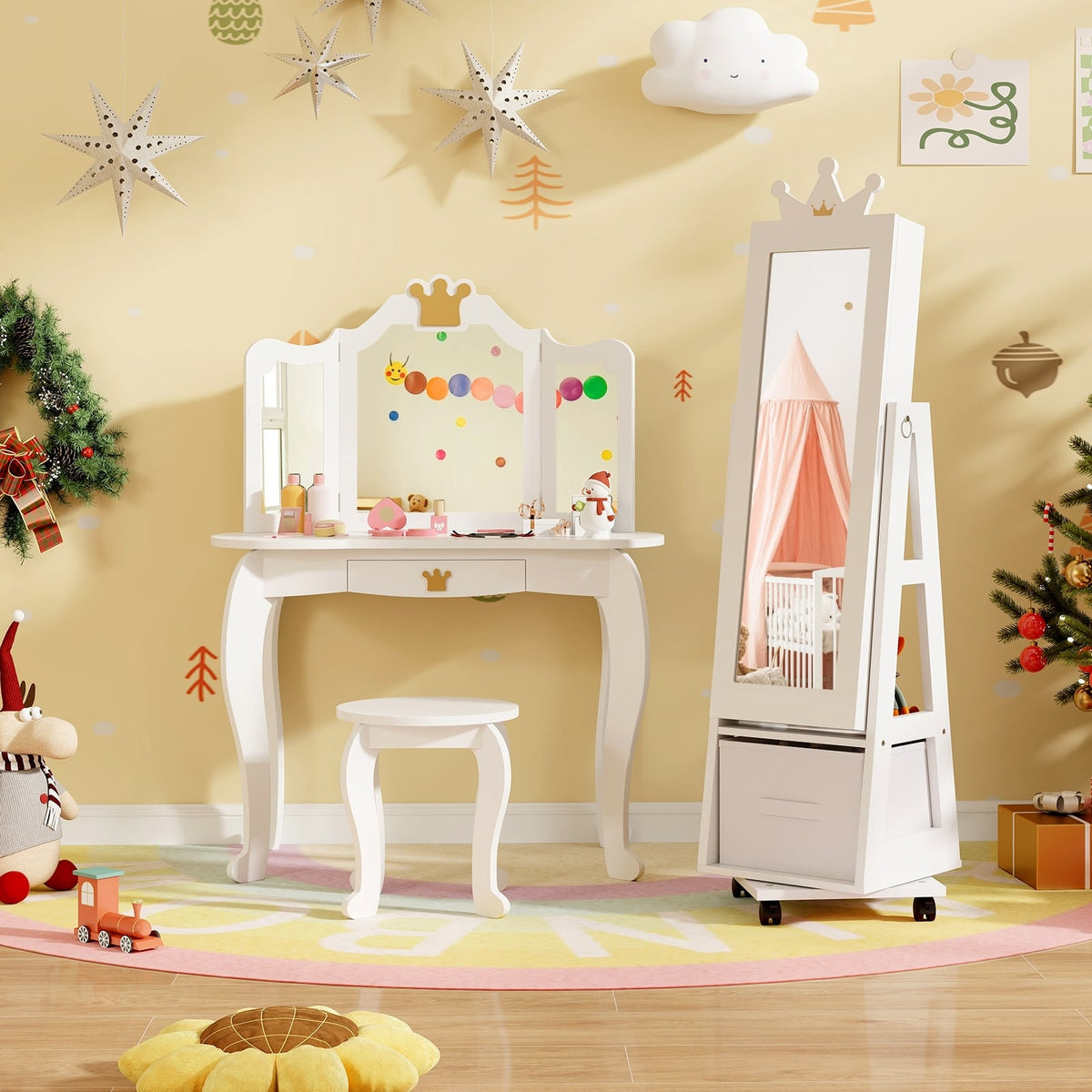 Kids Jewelry Armoire Cabinet with Swivel Base and Lockable Universal Wheels-White-Kids Vanities-DECOROLALA