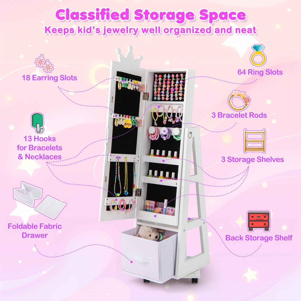 Kids Jewelry Armoire Cabinet with Swivel Base and Lockable Universal Wheels-White-Kids Vanities-DECOROLALA