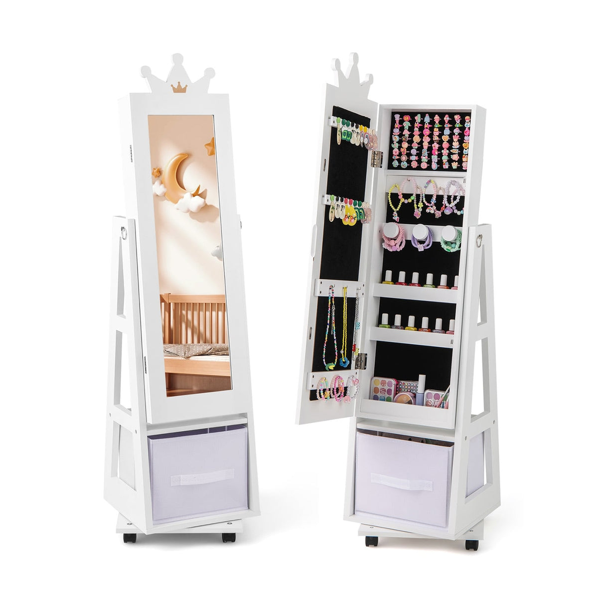 Kids Jewelry Armoire Cabinet with Swivel Base and Lockable Universal Wheels-White-Kids Vanities-DECOROLALA