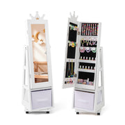 Kids Jewelry Armoire Cabinet with Swivel Base and Lockable Universal Wheels-White-Kids Vanities-DECOROLALA