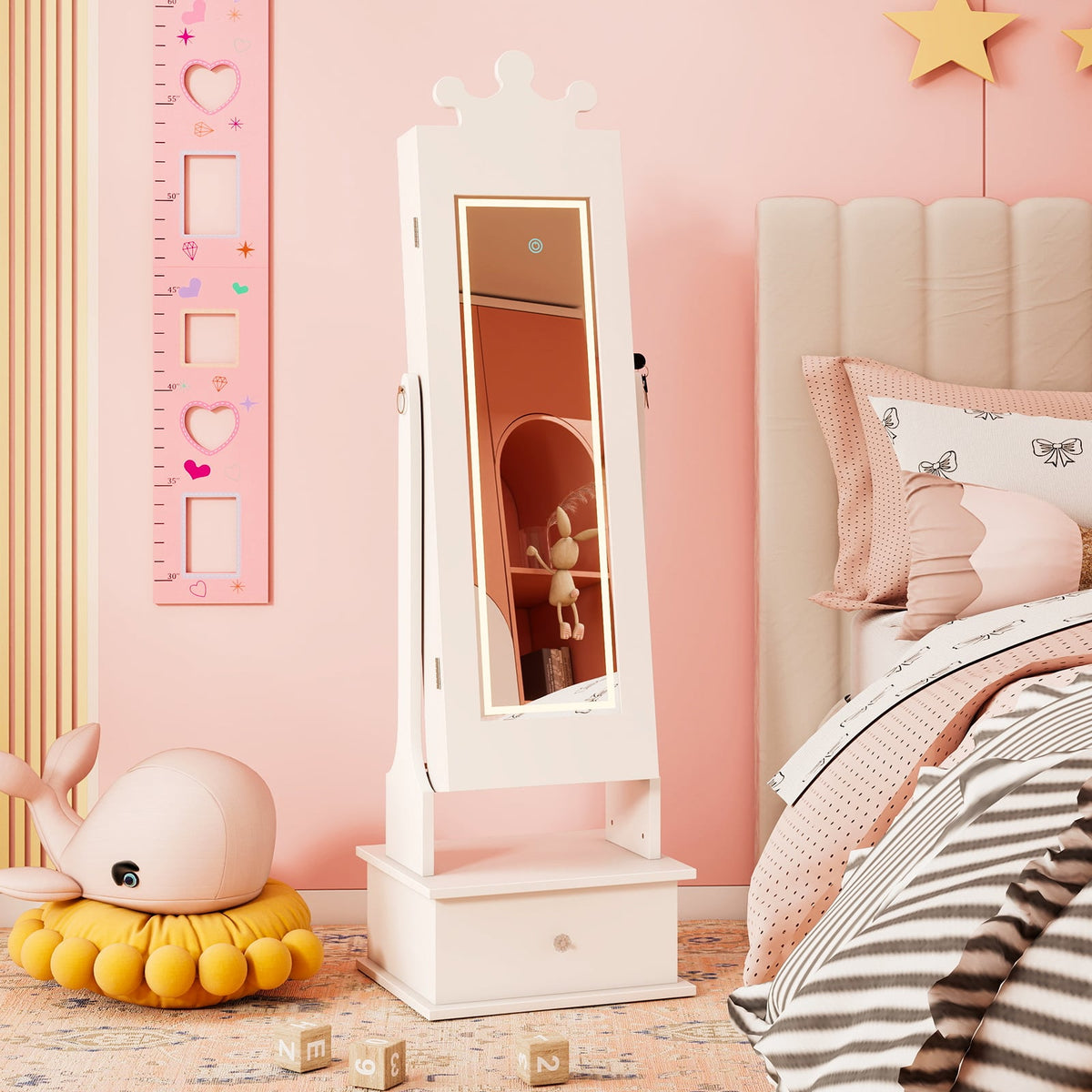 Kids Jewelry Armoire with 3-Color Lighted Full Length Mirror and Inside Led Lights-White-Kids Makeup Vanities-DECOROLALA