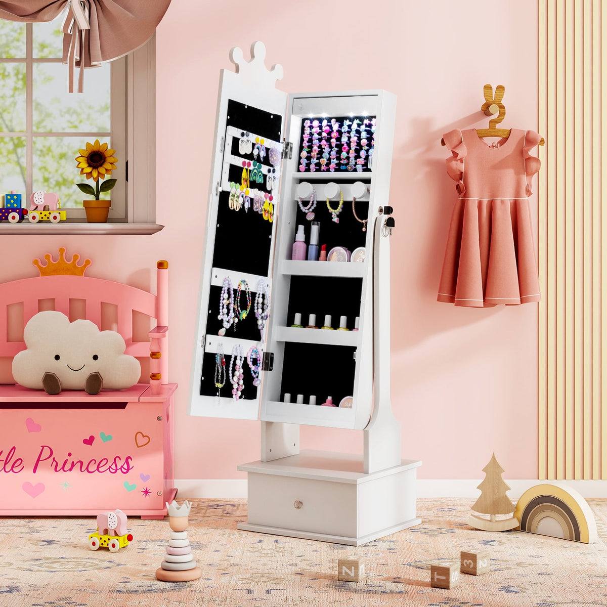 Kids Jewelry Armoire with 3-Color Lighted Full Length Mirror and Inside Led Lights-White-Kids Makeup Vanities-DECOROLALA