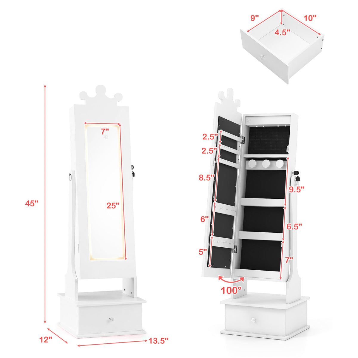 Kids Jewelry Armoire with 3-Color Lighted Full Length Mirror and Inside Led Lights-White-Kids Makeup Vanities-DECOROLALA