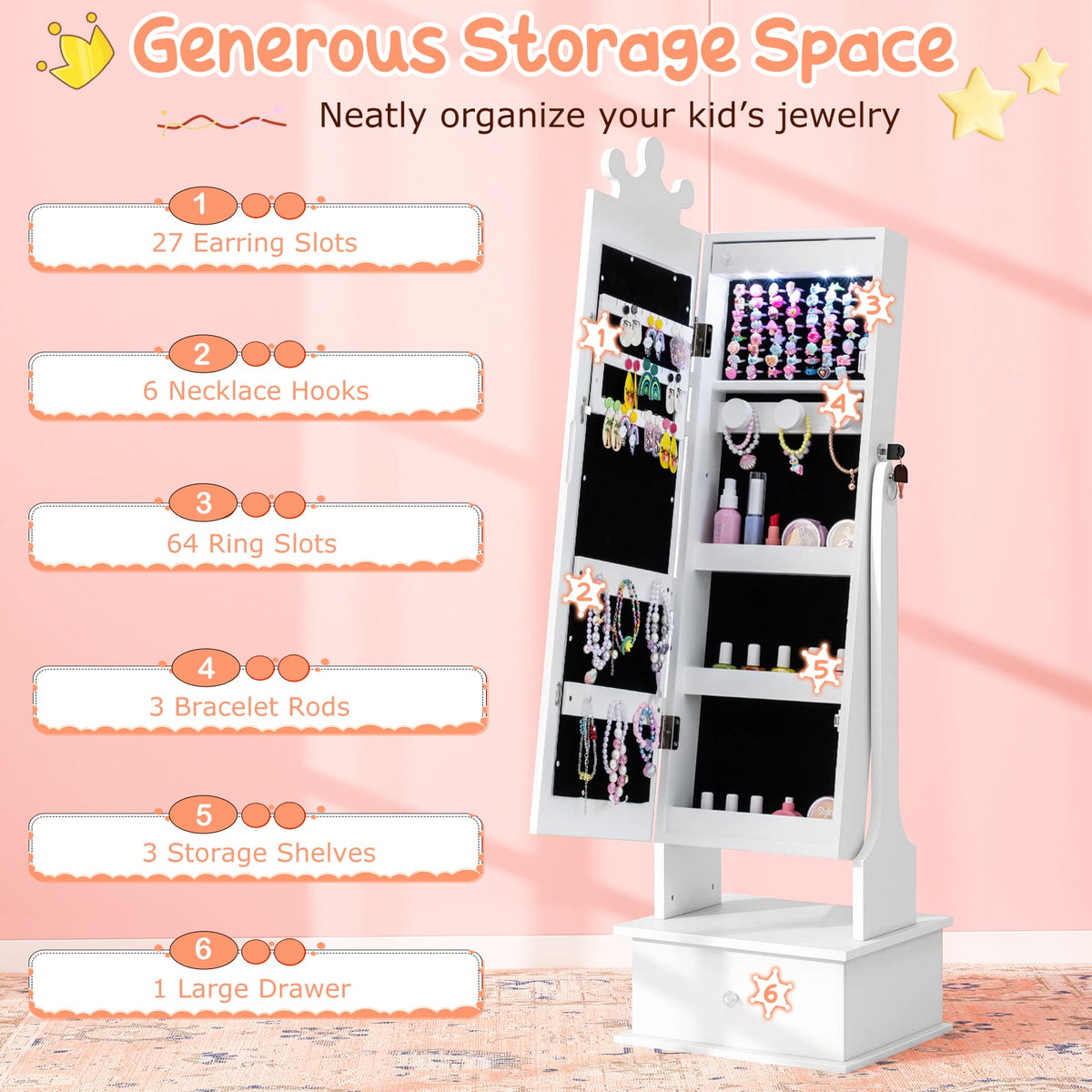 Kids Jewelry Armoire with 3-Color Lighted Full Length Mirror and Inside Led Lights-White-Kids Makeup Vanities-DECOROLALA