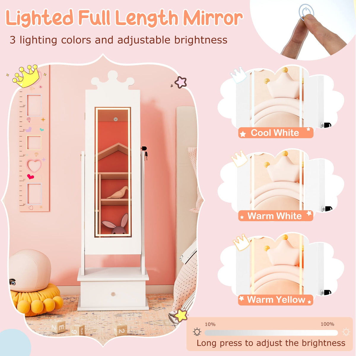 Kids Jewelry Armoire with 3-Color Lighted Full Length Mirror and Inside Led Lights-White-Kids Makeup Vanities-DECOROLALA