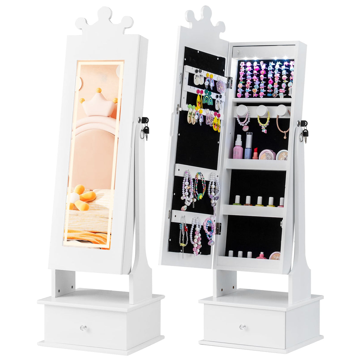 Kids Jewelry Armoire with 3-Color Lighted Full Length Mirror and Inside Led Lights-White-Kids Makeup Vanities-DECOROLALA