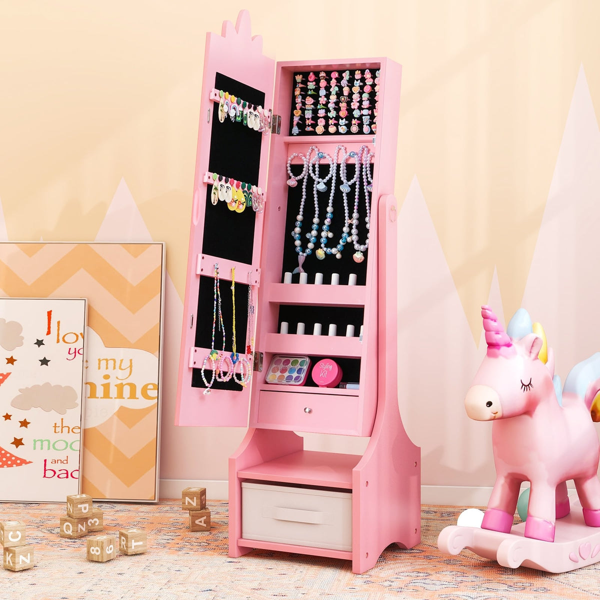 Kids Jewelry Cabinet with Full-Length Mirror for Kids Bedroom and Playroom-Pink-Kids Makeup Vanities-DECOROLALA