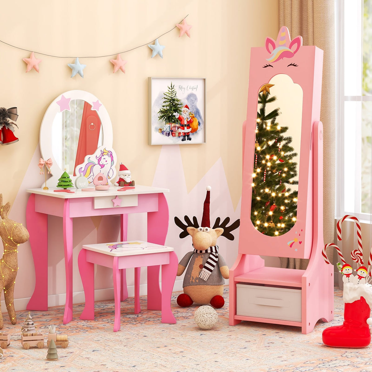 Kids Jewelry Cabinet with Full-Length Mirror for Kids Bedroom and Playroom-Pink-Kids Makeup Vanities-DECOROLALA