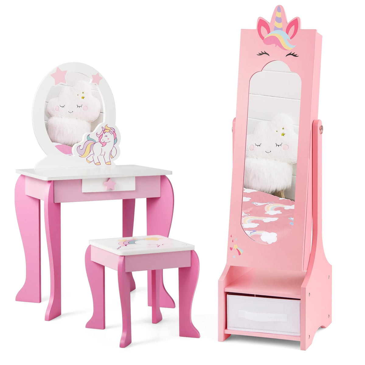 Kids Jewelry Cabinet with Full-Length Mirror for Kids Bedroom and Playroom-Pink-Kids Makeup Vanities-DECOROLALA