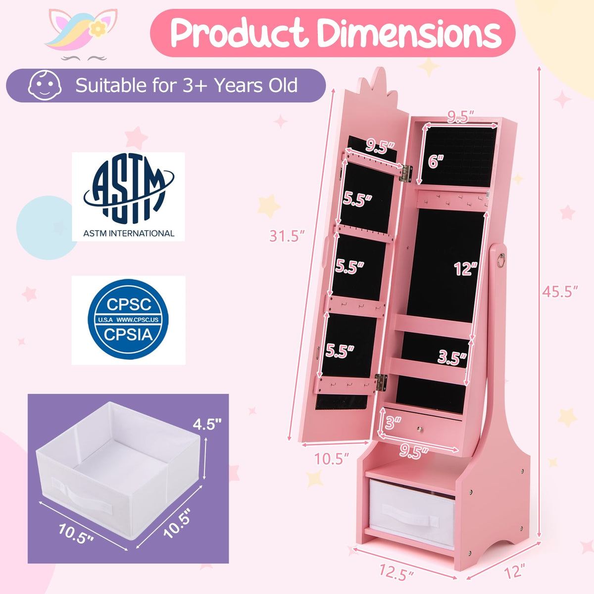 Kids Jewelry Cabinet with Full-Length Mirror for Kids Bedroom and Playroom-Pink-Kids Makeup Vanities-DECOROLALA