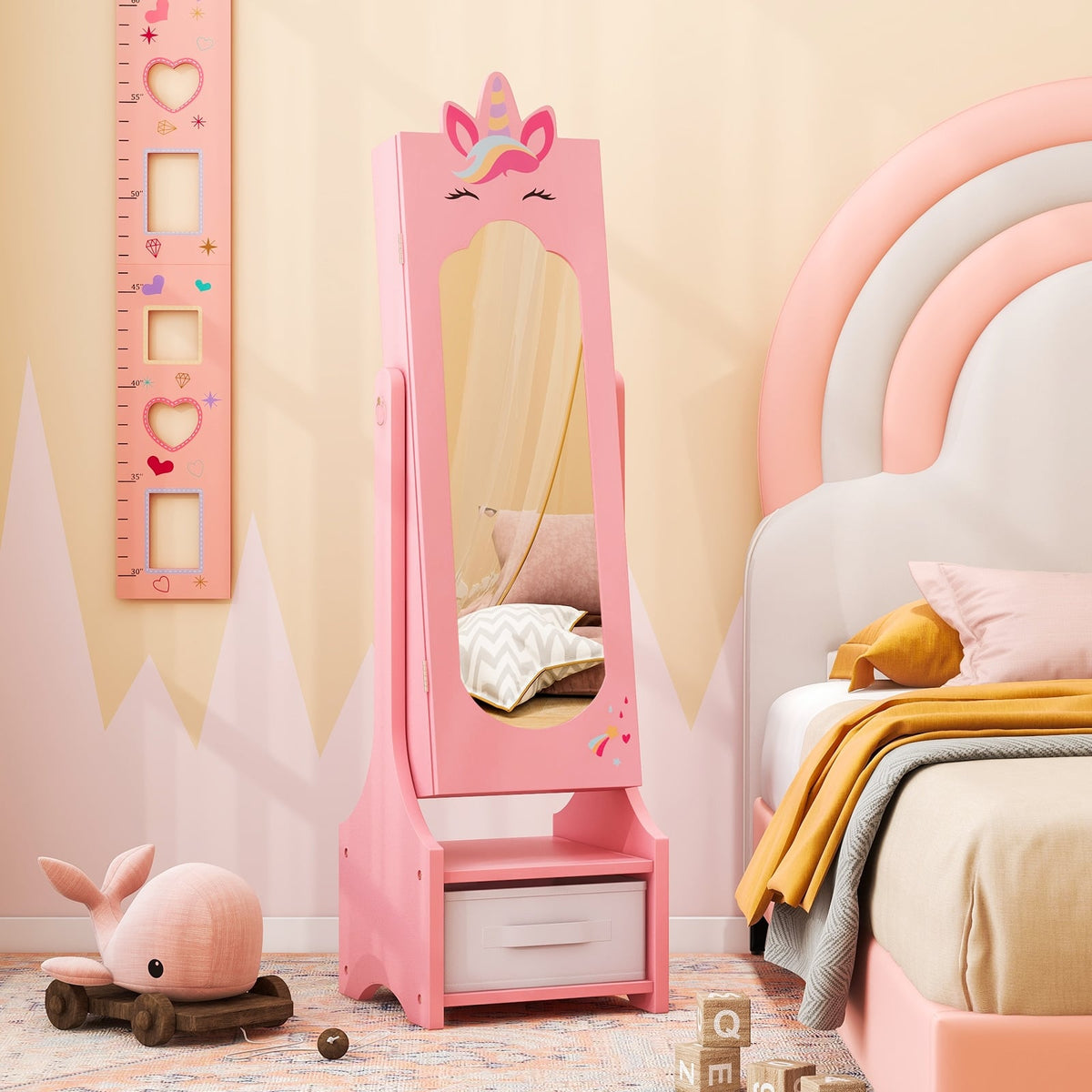 Kids Jewelry Cabinet with Full-Length Mirror for Kids Bedroom and Playroom-Pink-Kids Makeup Vanities-DECOROLALA