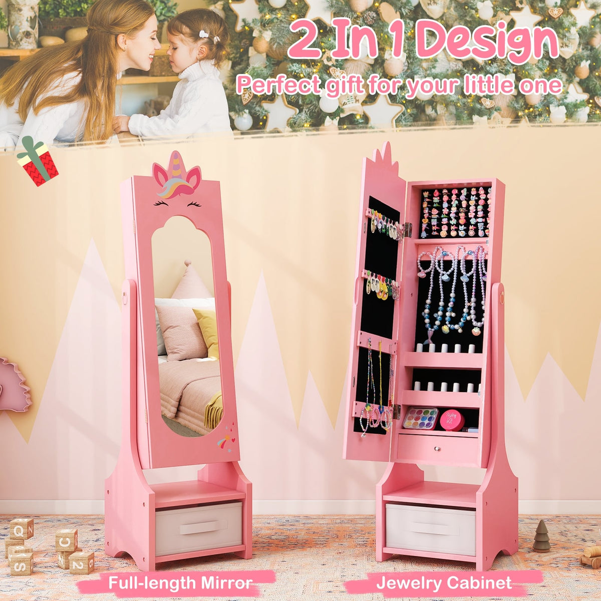 Kids Jewelry Cabinet with Full-Length Mirror for Kids Bedroom and Playroom-Pink-Kids Makeup Vanities-DECOROLALA