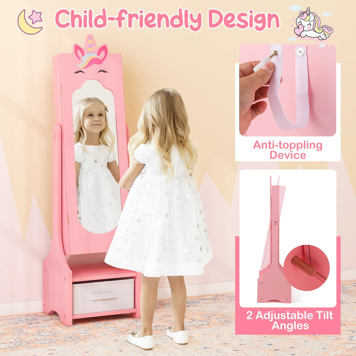 Kids Jewelry Cabinet with Full-Length Mirror for Kids Bedroom and Playroom-Pink-Kids Makeup Vanities-DECOROLALA