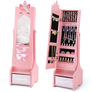 Kids Jewelry Cabinet with Full-Length Mirror for Kids Bedroom and Playroom-Pink-Kids Makeup Vanities-DECOROLALA