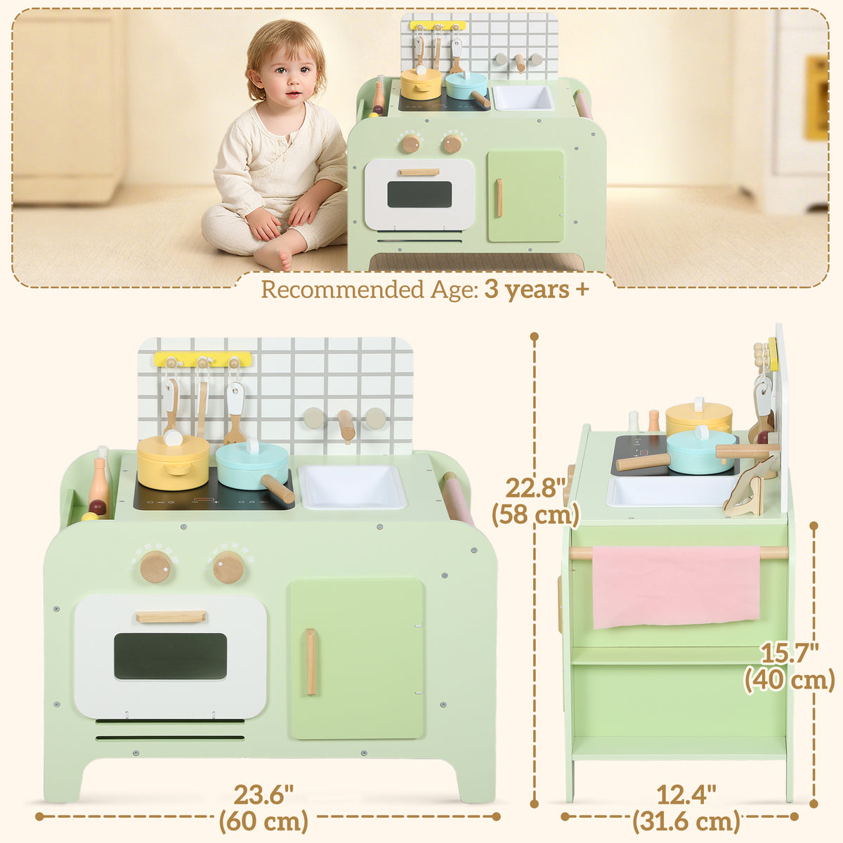 Kids Kitchen Playset with 15 Accessories, Microwave Oven, Cabinets, for Boys and Girls Ages 3+, Green-Toys & Games > Baby & Toddler Toys > Toy Playsets > Play Kitchen-DECOROLALA