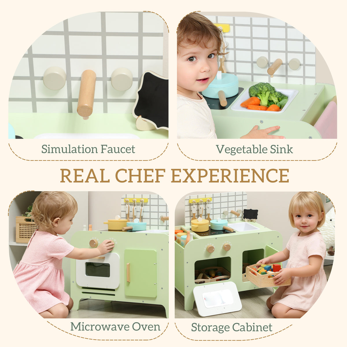 Kids Kitchen Playset with 15 Accessories, Microwave Oven, Cabinets, for Boys and Girls Ages 3+, Green-Toys & Games > Baby & Toddler Toys > Toy Playsets > Play Kitchen-DECOROLALA