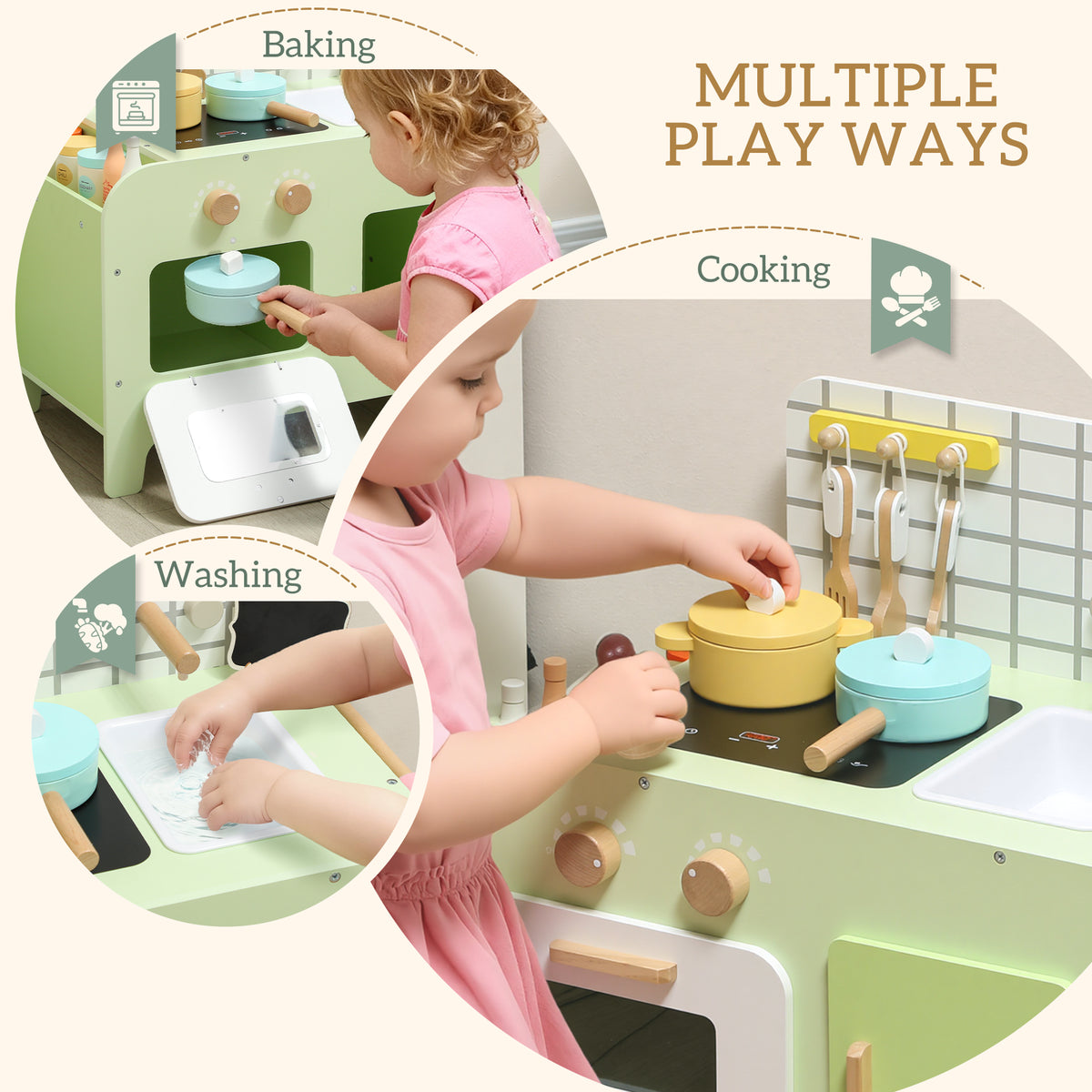 Kids Kitchen Playset with 15 Accessories, Microwave Oven, Cabinets, for Boys and Girls Ages 3+, Green-Toys & Games > Baby & Toddler Toys > Toy Playsets > Play Kitchen-DECOROLALA
