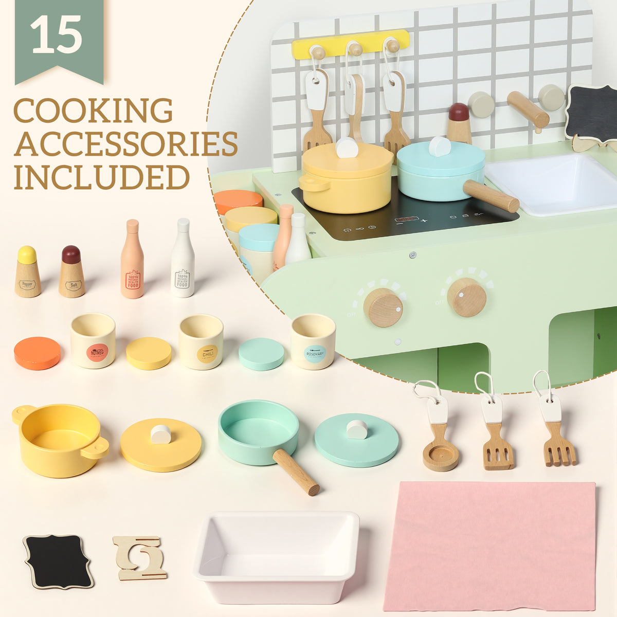 Kids Kitchen Playset with 15 Accessories, Microwave Oven, Cabinets, for Boys and Girls Ages 3+, Green-Toys & Games > Baby & Toddler Toys > Toy Playsets > Play Kitchen-DECOROLALA