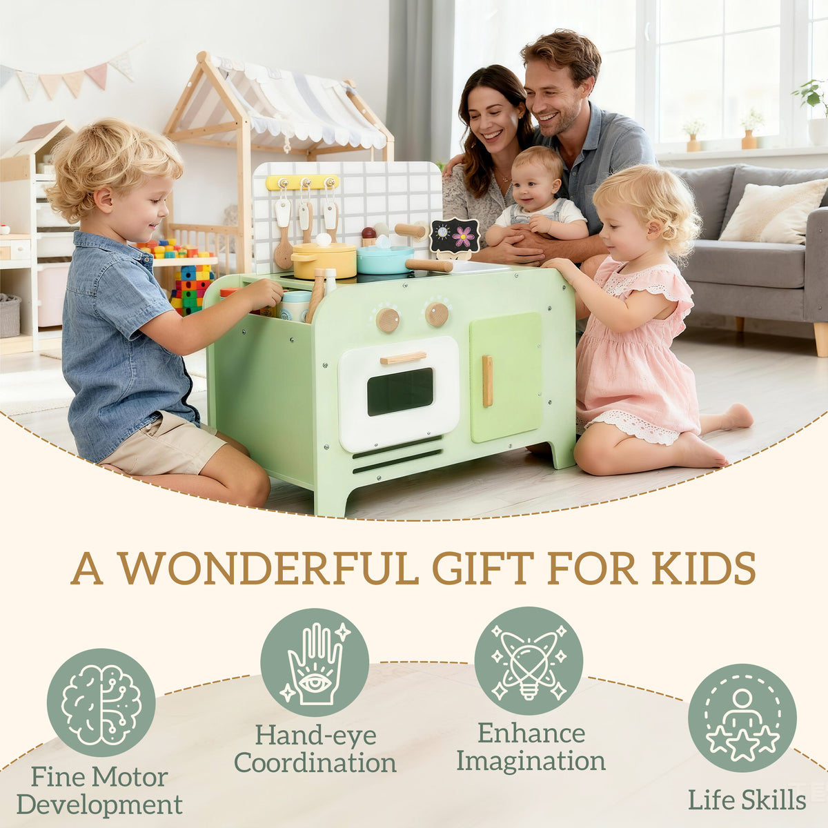 Kids Kitchen Playset with 15 Accessories, Microwave Oven, Cabinets, for Boys and Girls Ages 3+, Green-Toys & Games > Baby & Toddler Toys > Toy Playsets > Play Kitchen-DECOROLALA