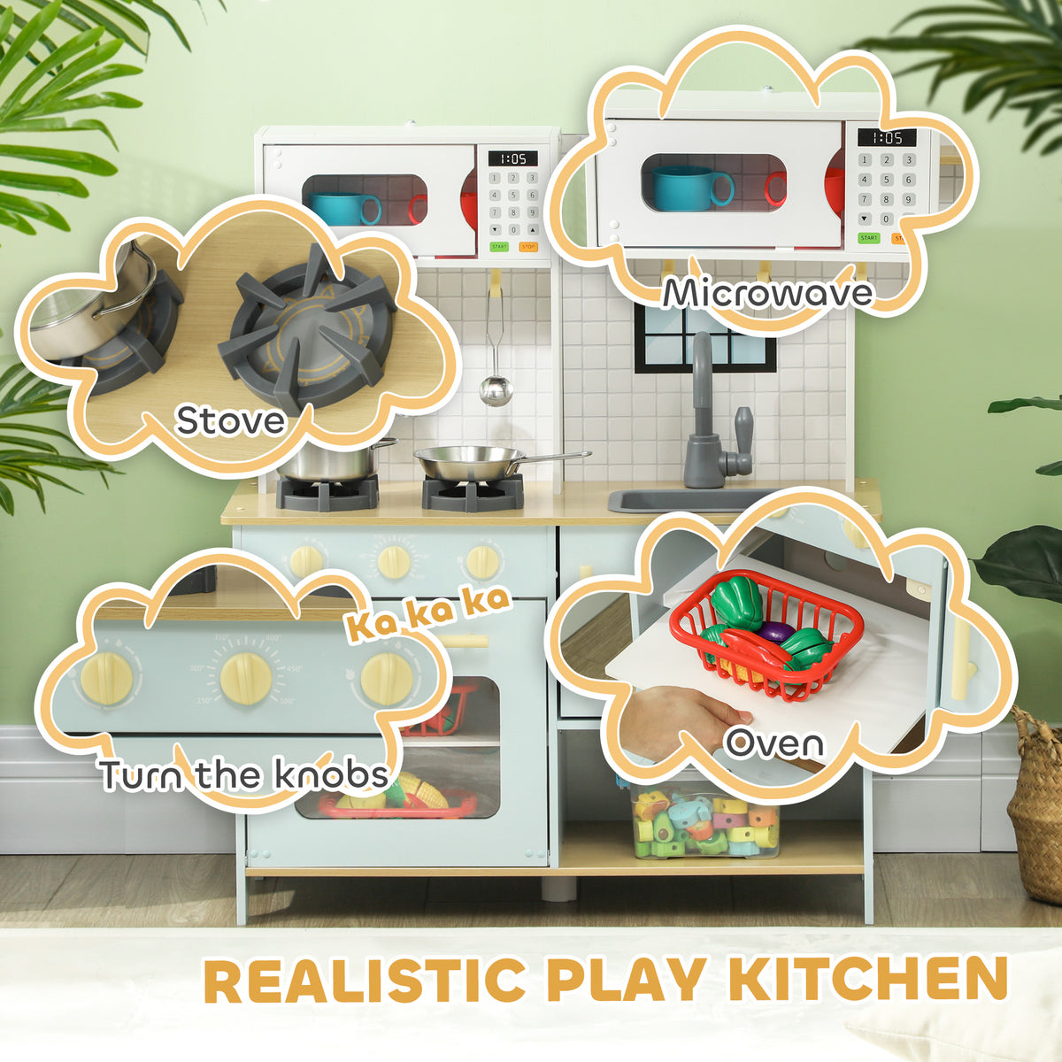 Pretend Play Kitchen, Kids Kitchen Playset with Stove Microwave Oven, Turning Knobs, Cooking Accessories-Toys & Games > Baby & Toddler Toys > Toy Playsets > Play Kitchen-DECOROLALA