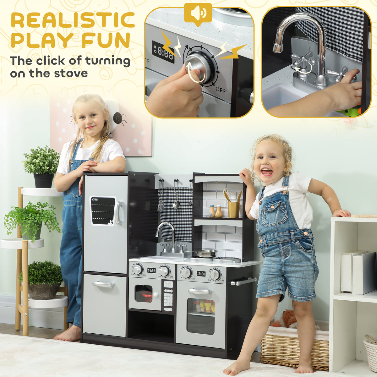 Play Kitchen for Kids, Pretend Kids Kitchen Playset with Switch Knob Sound, Accessories for Ages 3-8 Years, Dark Brown-Toys & Games > Baby & Toddler Toys > Toy Playsets > Play Kitchen-DECOROLALA