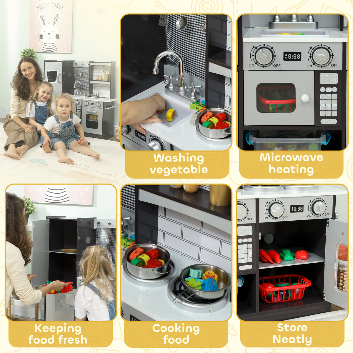 Play Kitchen for Kids, Pretend Kids Kitchen Playset with Switch Knob Sound, Accessories for Ages 3-8 Years, Dark Brown-Toys & Games > Baby & Toddler Toys > Toy Playsets > Play Kitchen-DECOROLALA