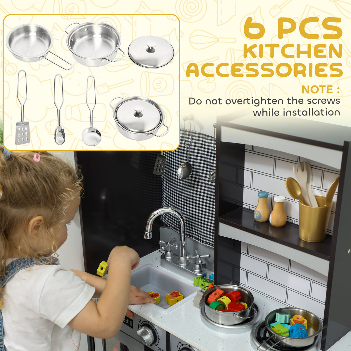 Play Kitchen for Kids, Pretend Kids Kitchen Playset with Switch Knob Sound, Accessories for Ages 3-8 Years, Dark Brown-Toys & Games > Baby & Toddler Toys > Toy Playsets > Play Kitchen-DECOROLALA