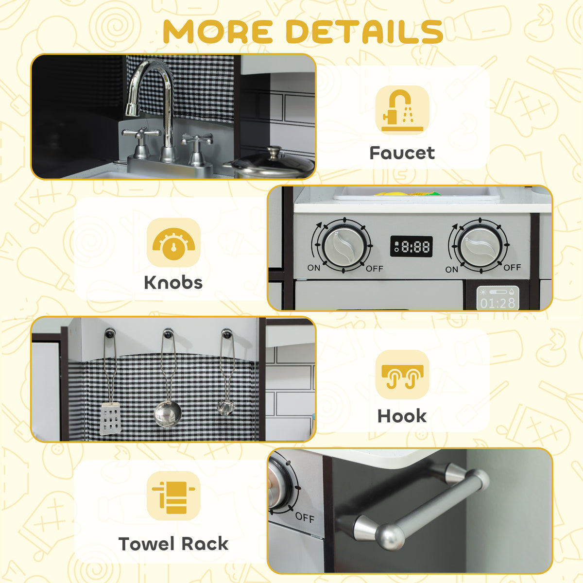 Play Kitchen for Kids, Pretend Kids Kitchen Playset with Switch Knob Sound, Accessories for Ages 3-8 Years, Dark Brown-Toys & Games > Baby & Toddler Toys > Toy Playsets > Play Kitchen-DECOROLALA