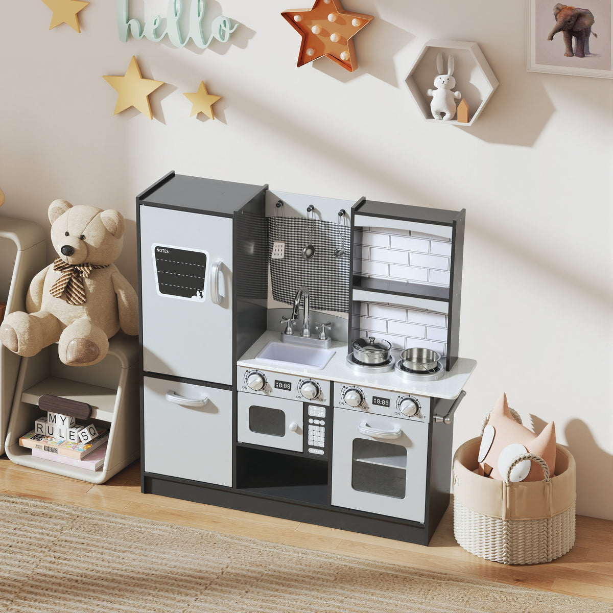 Play Kitchen for Kids, Pretend Kids Kitchen Playset with Switch Knob Sound, Accessories for Ages 3-8 Years, Dark Brown-Toys & Games > Baby & Toddler Toys > Toy Playsets > Play Kitchen-DECOROLALA