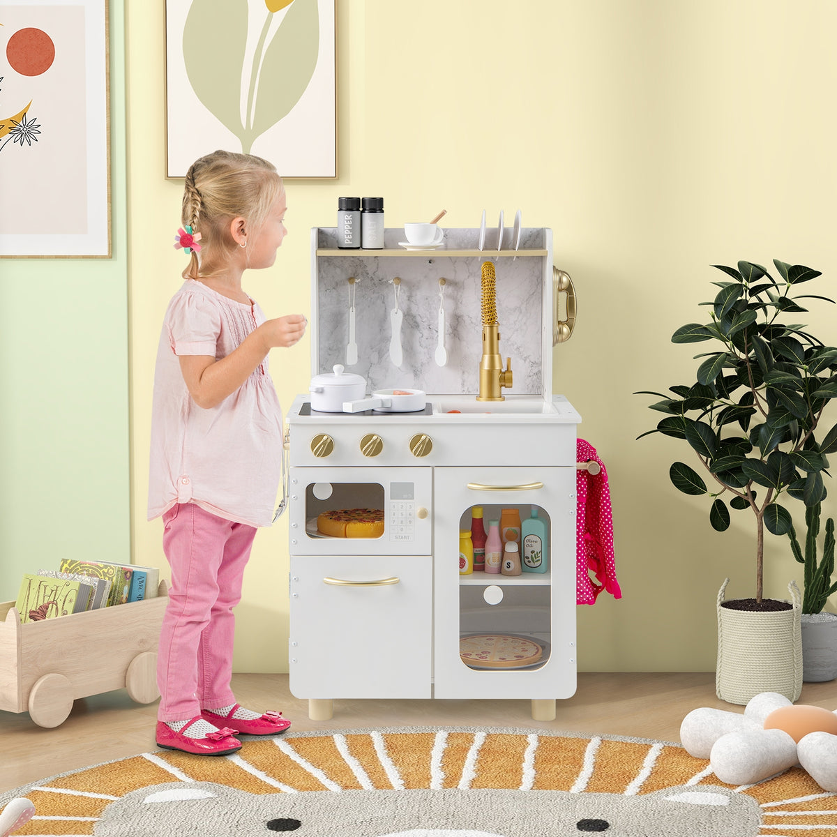 Kids Kitchen Playset - Wooden Pretend Play Kitchen with Accessories White-Play Kitchen Sets-DECOROLALA