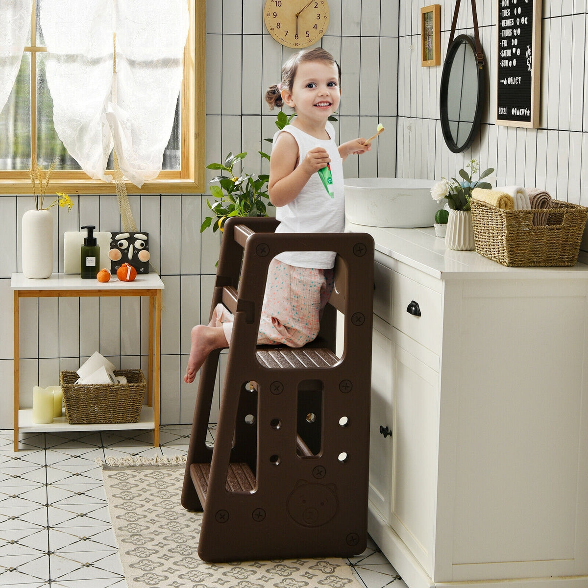 Kids Kitchen Step Stool with Double Safety Rails -Brown-Toddler & Kids Furniture-DECOROLALA