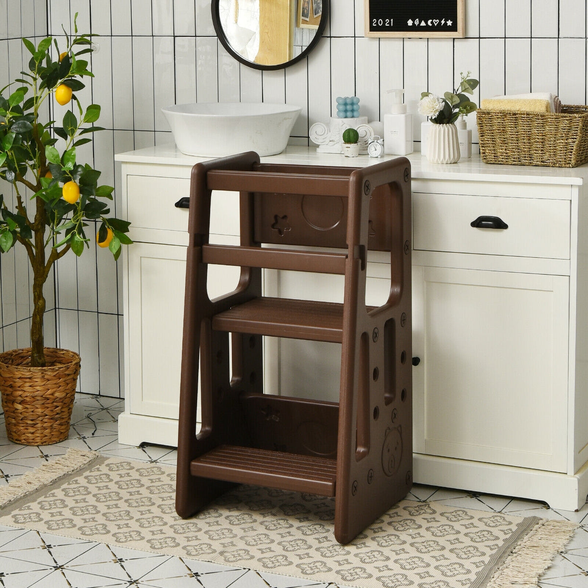 Kids Kitchen Step Stool with Double Safety Rails -Brown-Toddler & Kids Furniture-DECOROLALA