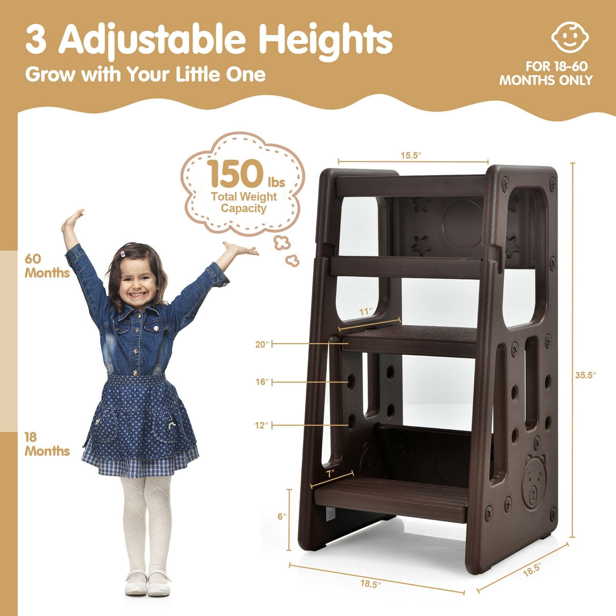 Kids Kitchen Step Stool with Double Safety Rails -Brown-Toddler & Kids Furniture-DECOROLALA